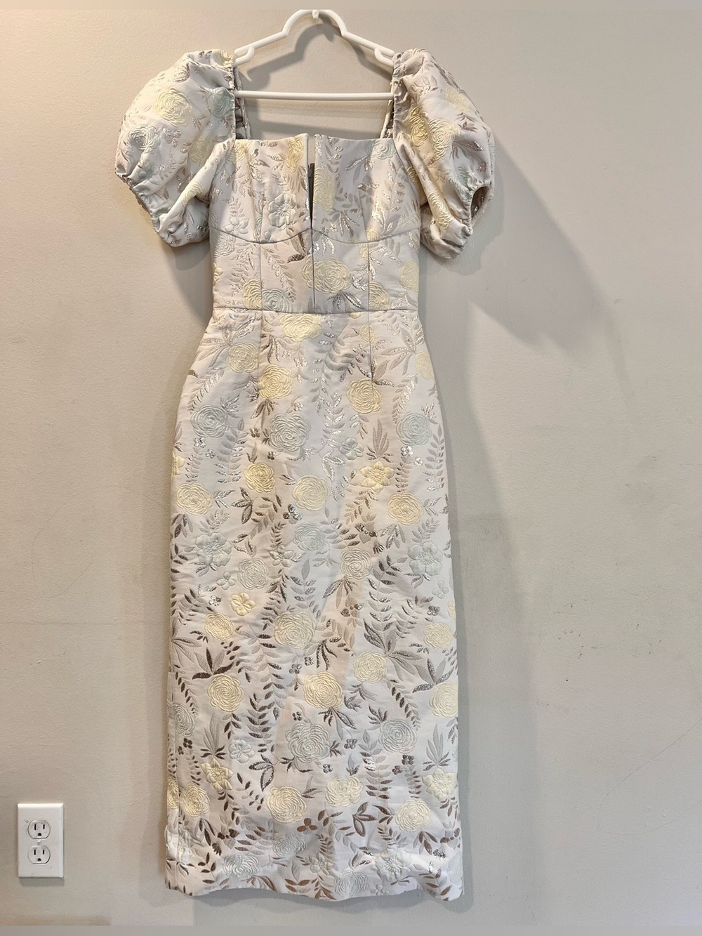 Markarian Yvette Ivory Metallic Brocade Puff Sleeve Corset Bodice Dress Size 0 - Picture 3 of 10